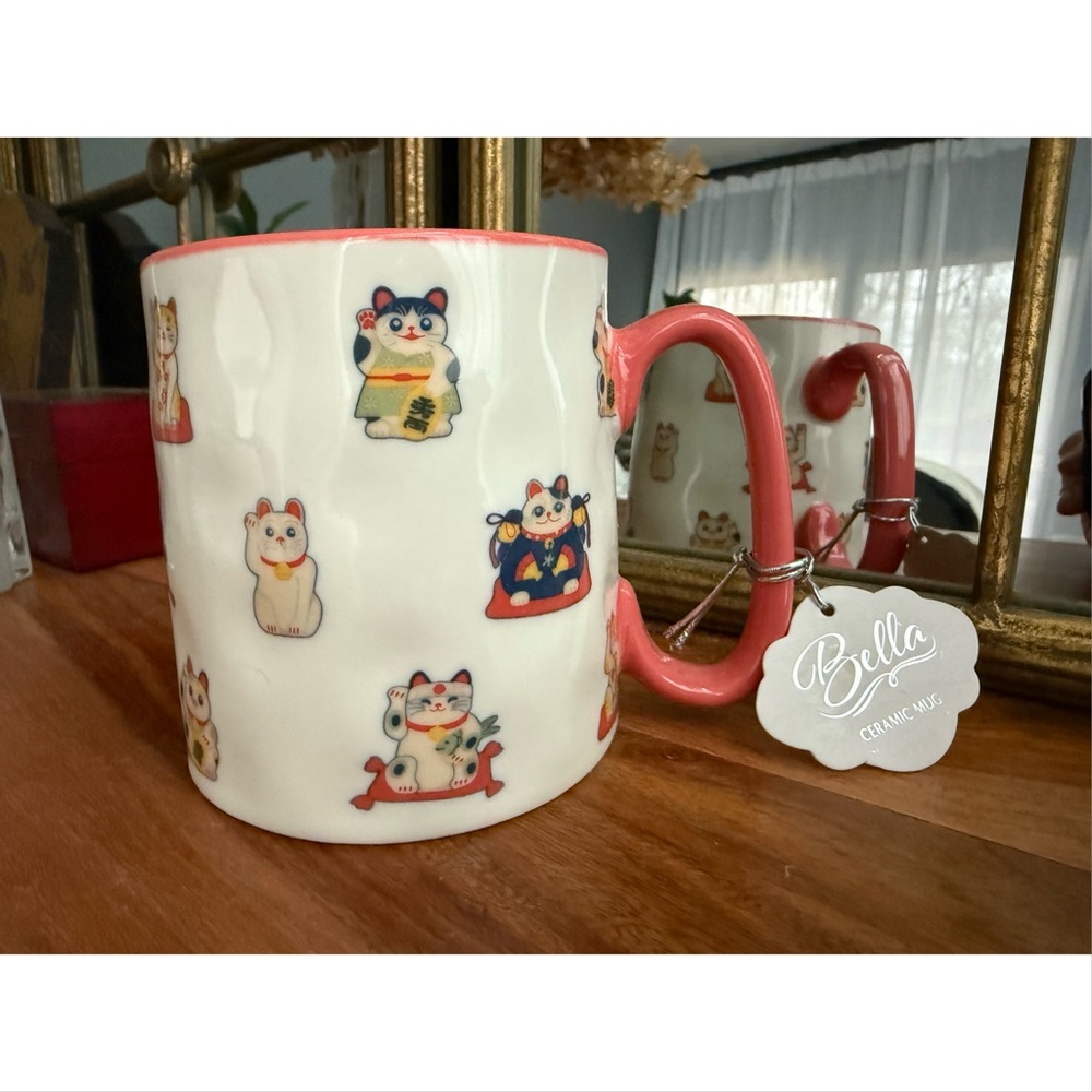 Maneki Neko Japan Kawaii Cat Ceramic Large Handle Mug